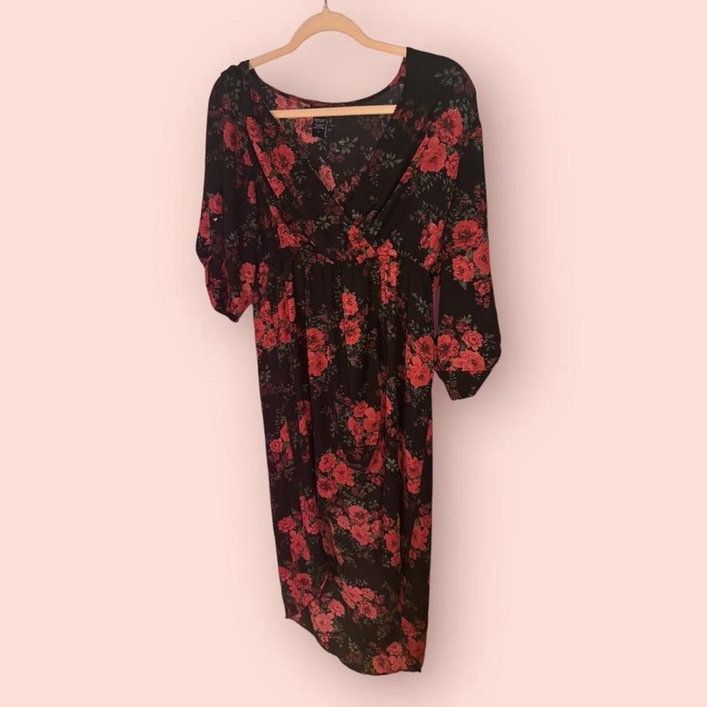 Torrid Red Black Floral Faux Wrap Sheer Dress High-Low Roll-Tab Sleeve